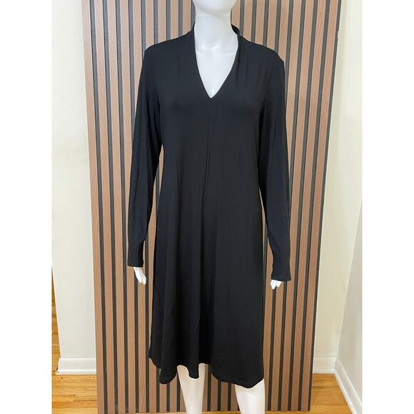 Eileen Fisher Women's M Black Dress Rayon Shift Midi Cocktail Travel Minimalist - Picture 1 of 12